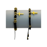2x Pulsera tejida neopreno balines y figura cruz dorada