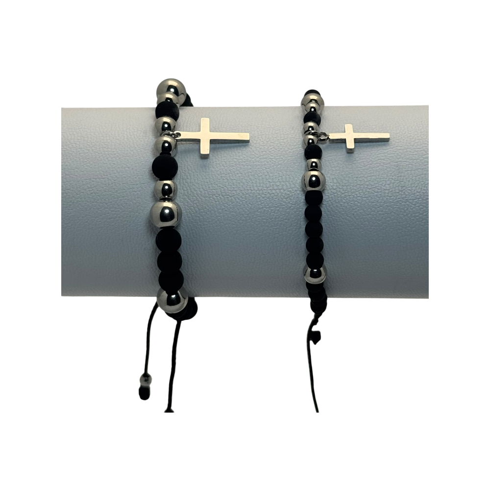 2x Pulsera tejida neopreno balines y figura cruz plateada