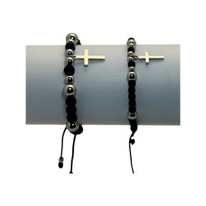 2x Pulsera tejida neopreno balines y figura cruz plateada