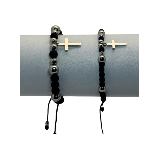 2x Pulsera tejida neopreno balines y figura cruz plateada