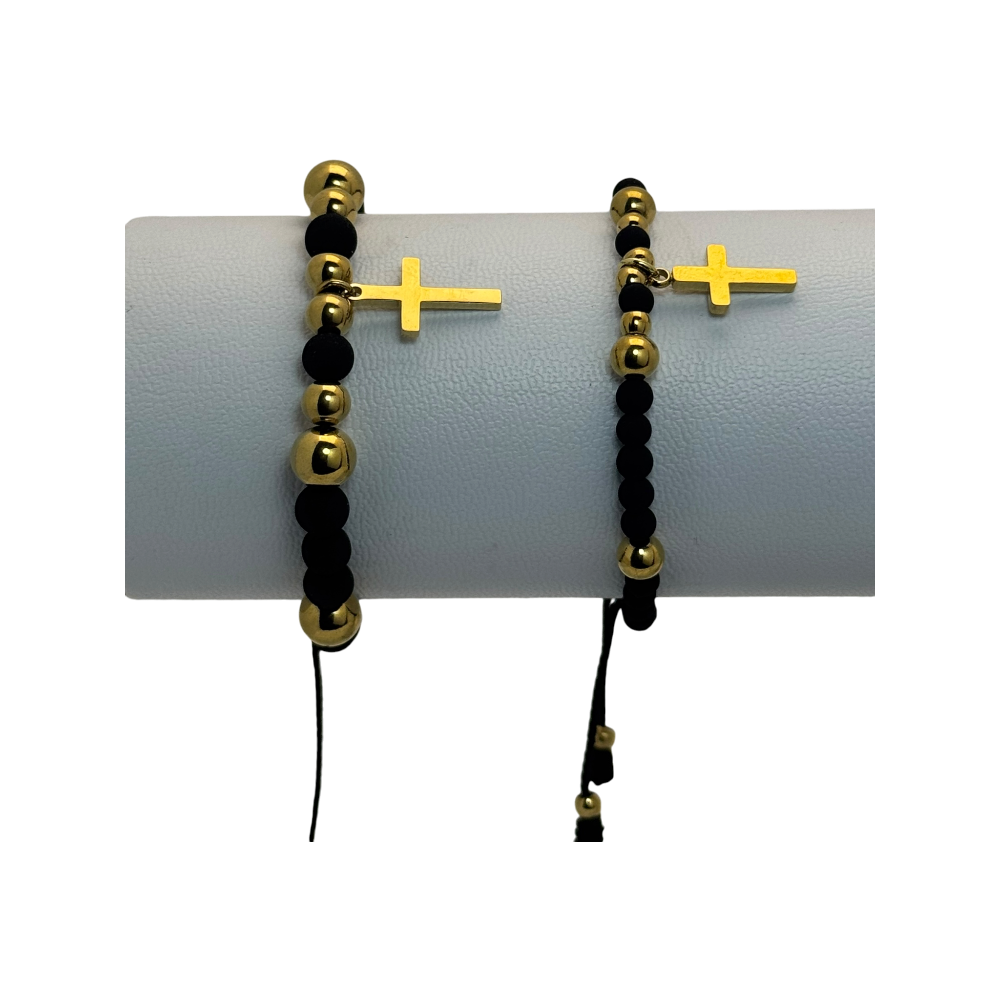 2x Pulsera tejida neopreno balines y figura cruz dorada