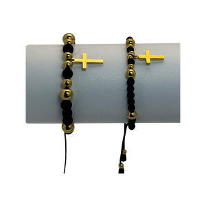 2x Pulsera tejida neopreno balines y figura cruz dorada