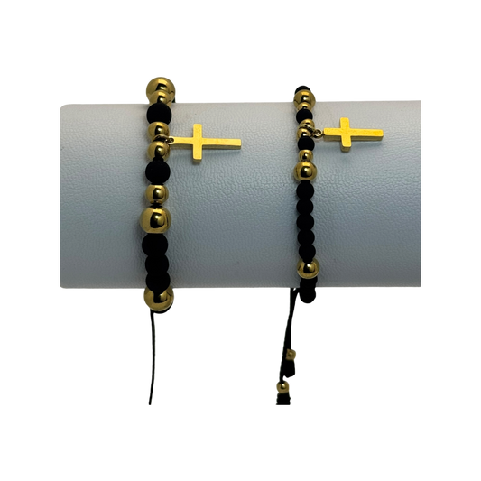 2x Pulsera tejida neopreno balines y figura cruz dorada