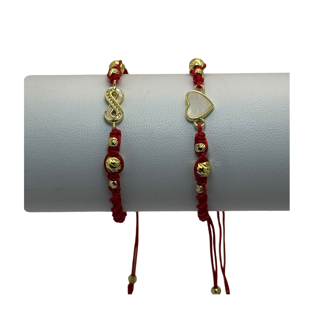 2x Pulsera tejida balines diamantados simbolo infinito/corazon dorada