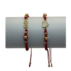 2x Pulsera tejida balines diamantados simbolo infinito/corazon dorada