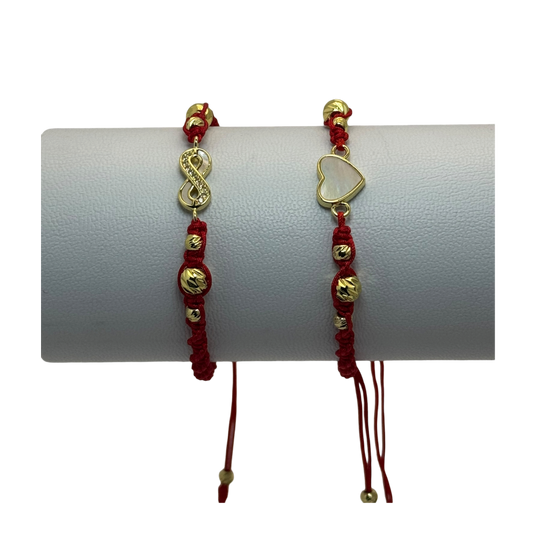 2x Pulsera tejida balines diamantados simbolo infinito/corazon dorada