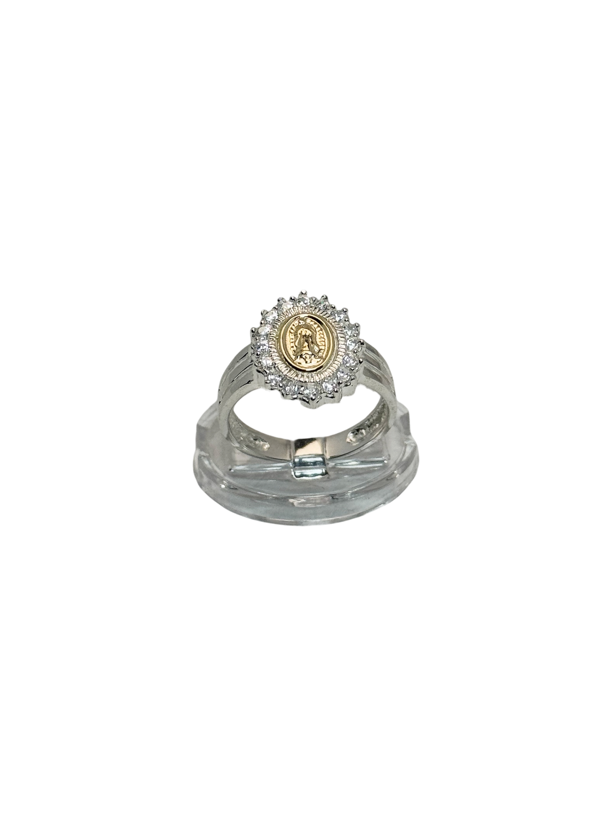Anillo tipo sello de virgen de Guadalupe en oro 14 k y zircon