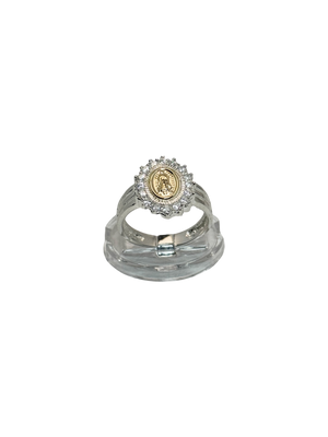 Anillo tipo sello de virgen de Guadalupe en oro 14 k y zircon