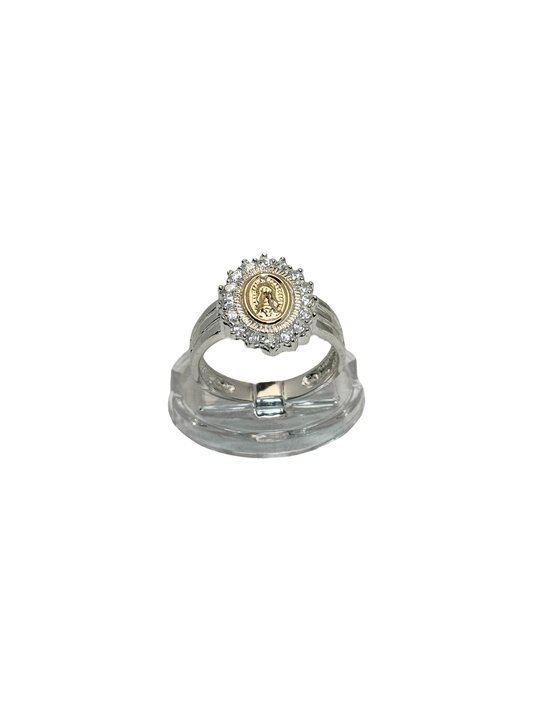 Anillo tipo sello de virgen de Guadalupe en oro 14 k y zircon