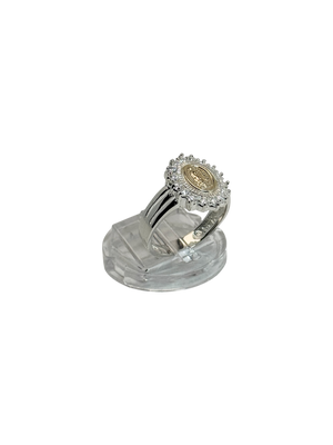 Anillo tipo sello de virgen de Guadalupe en oro 14 k y zircon