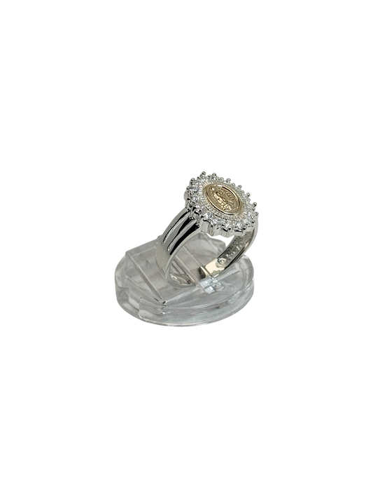 Anillo tipo sello de virgen de Guadalupe en oro 14 k y zircon