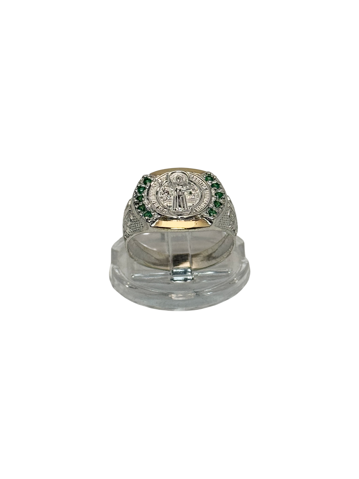Anillo tipo sello de San Benito zircones verdes