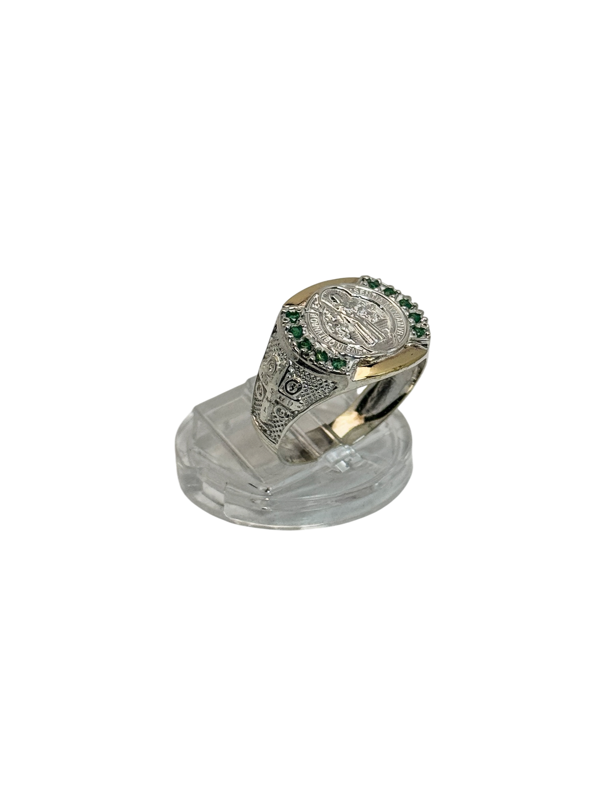Anillo tipo sello de San Benito zircones verdes